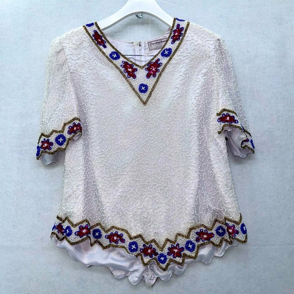 EUC Vintage Women’s Beaded Sequins Creative Touch 100% silk Blouse size Medium